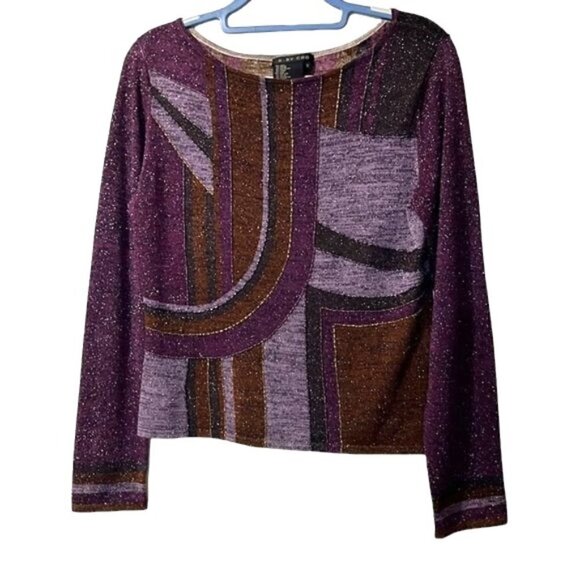 Gorgeous Ruby Cho Beaded Purple Silk Abstract Print Long Sleeve Top - Picture 4 of 9